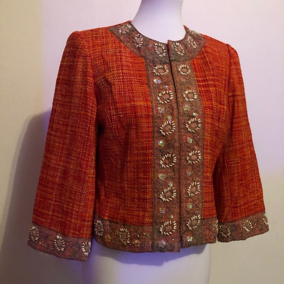 Josephine Chaus Orange Tweed Beaded Blazer Jacket - Picture 11 of 14